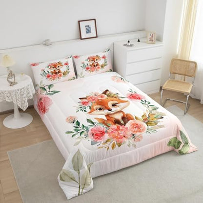 Manfei Cute Fox Comforter Set Full Size, Watercolor Pink Flower Quilt Set with 2 Pillowcases, Floral Animal Theme Bedding Set 3pcs for Kids Boys Girls Room Decor Lightweight Duvet Insert