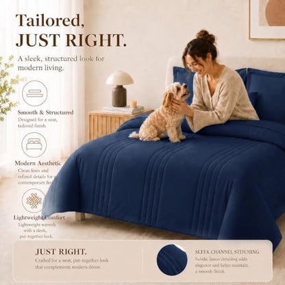 CozyLux King Size Comforter Set Navy Blue- 7 Pieces Bed in a Bag