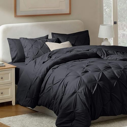 Nestl 9 Piece California King Comforter Set – Black Pinch Pleated Bed in a Bag – Complete Cal King Size Bedding Set with Sheets, Set of 2 Cooling Pillows, Pillowcases and Shams