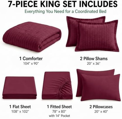 HIMEET King Comforter Set, 7-Piece Seersucker Bed in a Bag, Burgundy