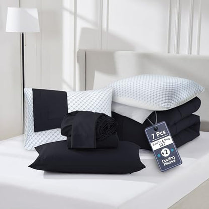 Nestl 9 Piece Queen Comforter Set – Black Reversible Bed in a Bag – Complete Queen Size Bedding Set with Sheets, Set of 2 Cooling Pillows, Pillowcases and Shams