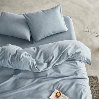Wake In Cloud - Cotton Duvet Cover Set, 100% Washed Cotton, Linen Like Textured, Breathable Durable Comfy Farmhouse Neutral Bedding Set, 3 Pieces, Light Denim Blue, Full Size