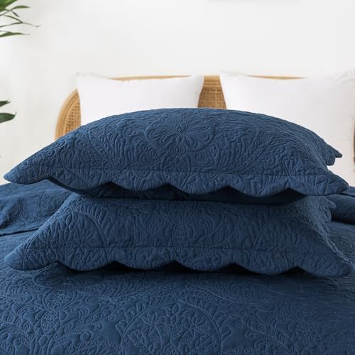 HoneiLife Queen Quilt Bedding Set - Microfiber Quilt Sets for Queen Bed, 3-Piece Lightweight Bedspreads,Reversible Coverlets Rustic Bedlinen Sets, Floral Bedding Set All Season Quilts-Navy