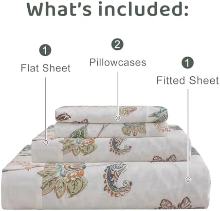 QSH Floral Bed Sheets Queen Size - 100% Egyptian Cotton Sheets Elegant Botanical Leaves Flower Pattern Printed Bedding Sheets Queen Size Bed Extra Soft and Breathable 4pcs Deep Pockets Bed Sheets