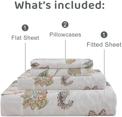 QSH Floral Bed Sheets Queen Size - 100% Egyptian Cotton Sheets Elegant Botanical Leaves Flower Pattern Printed Bedding Sheets Queen Size Bed Extra Soft and Breathable 4pcs Deep Pockets Bed Sheets