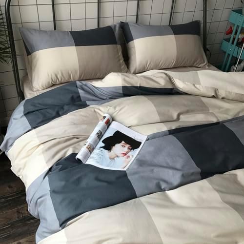 mixinni Twin XL Size Checkered Duvet Cover Set - 3 Piece Grey Geometric Cotton Bedding Set with Zipper Closure & Corner Ties, 100% Washed Cotton Soft Breathable Duvet Cover for Men, Teens (Twin XL)