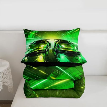 Feelyou Green Racing Car Kids Comforter Set Full Size Boys Sports Car Bedding Set Speed Sports Duvet Quilt for Kids Boys Girls Bedroom Extreme Decor Microfiber Ultra Soft Breathable