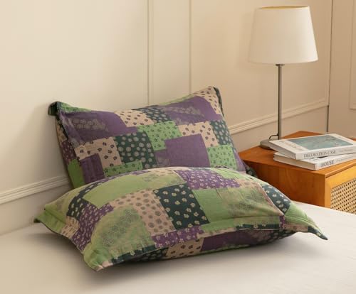 SLEEPBELLA Washed Double Layer Muslin 100% Cotton Comforter Set King Size, Purple Green Patchwork Fluffy Thick Checked Bedding Set, Soft Breathable (1 Comforter, 2 Pillow Shams)