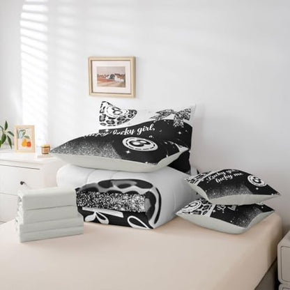 Erosebridal Black Grey Leopard 7 Piece Comforter Set King Size for Kids Boys Girls Fashion Y2K Lucky 8 Ball Bedding Set Cheetah Print Bow Bed in A Bag with Sheets Coquette Aesthetic Preppy Bed Set