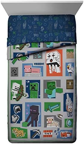Jay Franco Minecraft 5 Piece Twin Bedding Set - Includes Reversible Comforter, Sheets and Pillowcases - Features Creeper, Ghost, Zombie and Enderman