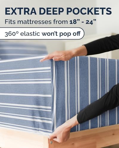 Extra Deep Twin XL Sheet Set - 3 Piece College Dorm Room - Blue Stripes