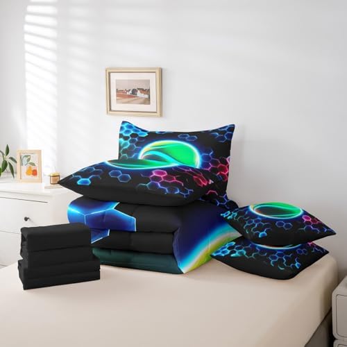 Erosebridal Tennis Queen Bedding Set - 3D Glitter Ball Pattern Bed in A Bag,Colorful Neon Honeycomb Comforter Sets with Sheets, Geometric Hexagon 7 Pieces Bed Set Bedroom Decor