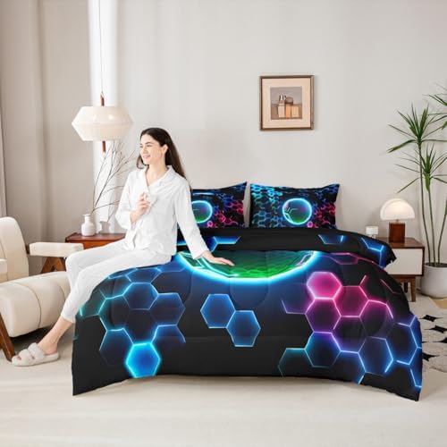 Erosebridal 3D Golf Queen Bedding Set - Sports Decor Bed in A Bag,Neon Geometric Honeycomb Comforter Sets with Sheets, Cool Gamer Style 7 Pieces Bed Set Bedroom Decor