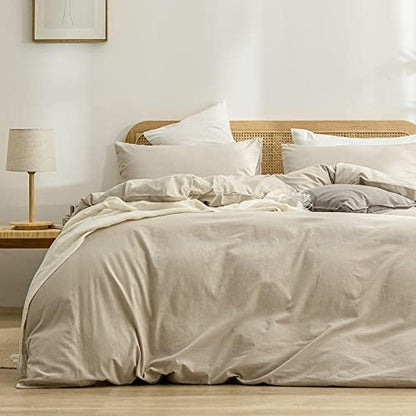 BESTOUCH Cotton Solid Duvet Cover Set Linen Feel Almond Milk Grey Full