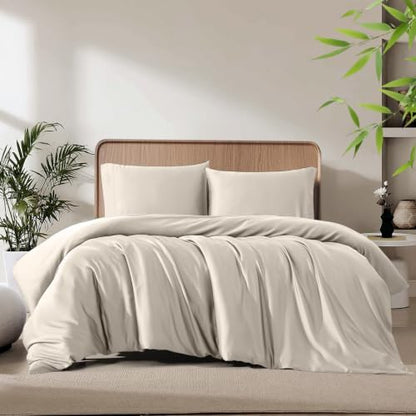 Queen Duvet Cover Set 3 Pieces, 100% Organic Viscose derived from Bamboo, Luxuriously Soft & Cooling, 1 Duvet Cover and 2 Pillowcases, 90" x 90"(Queen, Deep Beige)