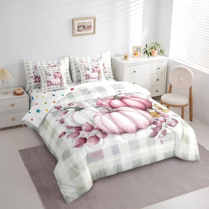 Erosebridal Fall Pumpkin 7 Piece Bedding Set Twin Thanksgiving Comforter Set with Sheets Autumn Buffalo Plaid Bed in a Bag Pink Leaves Bed Sets Comforter