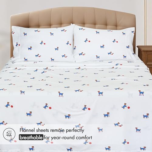 RUVANTI Flannel Bed Sheets Set King Size, Puppy Playoff