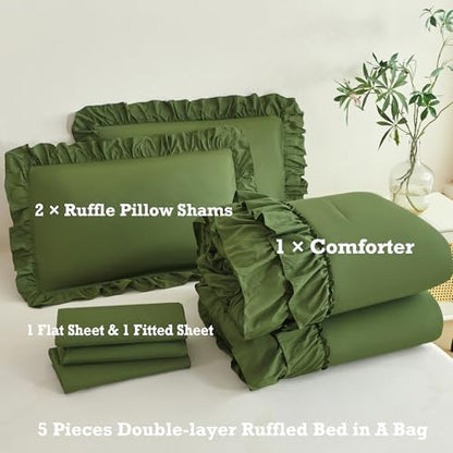 ANGIYUIN Twin Comforter Set - 5 Pieces Olive Green Ruffled Bedding Sets