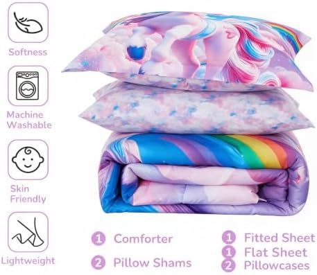 Viviland Kids Bedding Set Full Size Comforter Sets, Bed in Rainbow Unicorn Cover Set for Children