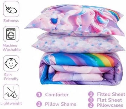Viviland Kids Bedding Set Full Size Comforter Sets, Bed in Rainbow Unicorn Cover Set for Children