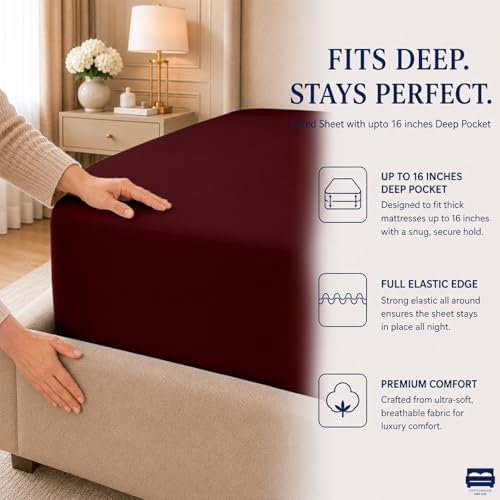 Cottingon 4 Piece Twin Sheets Fits 16" Deep, Egyptian Cotton, Burgundy