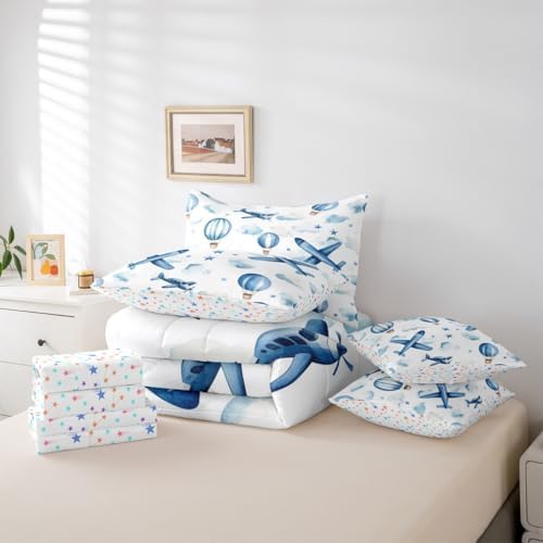 Erosebridal Cartoon Aircraft Queen 7 Pcs Bedding Set for Boys, Dreamy Hot Air Balloon Comforter Set with Sheets, Blue White Clouds Bed in A Bag for Kids Girls Adults, Airplane Star Print Bed Sets