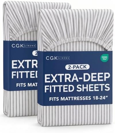 CGK Linens 2 Pack Extra Deep Twin XL Fitted Sheets - Grey Stripes