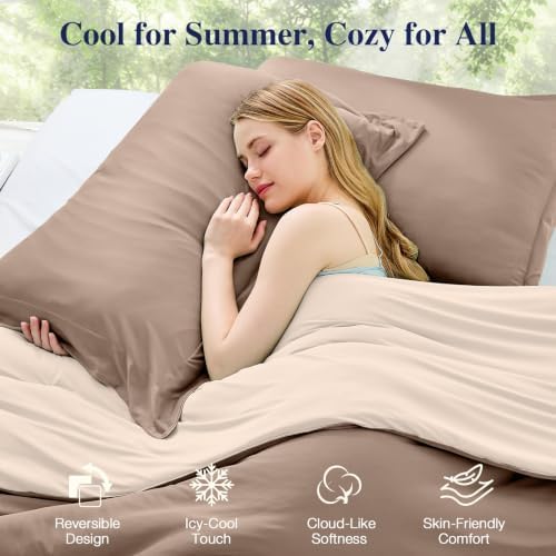 MUXHOMO Cooling Comforter Set King Size, Lightweight Summer Comforter for Hot Sleeper, Reversible Bedding with ICY Cooling Surface, Includes 1 Comforter (104"x90") and 2 Shams (20"x 36"), Khaki