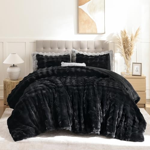 YIKUSH Twin Faux Fur Soft Comforter Set, Fluffy Black Rabbit Fur Comforter