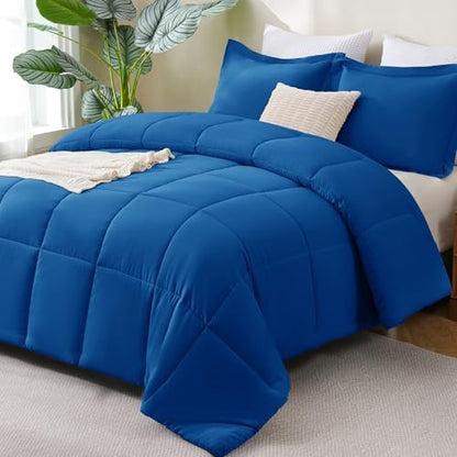 CozyLux Oversized Queen Comforter Set, 3-Piece Box-Stitched, Classic Blue