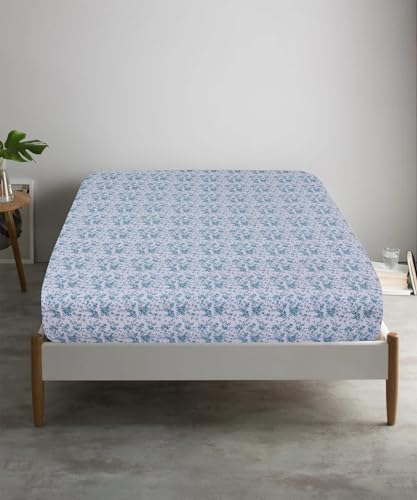 Feather & Stitch Fitted Sheet Only, 100% Cotton 300TC Lightweight Cooling & Breathable Percale Weave Fitted Sheet 16" Regular Elastic Deep Pocket Soft Bedding Mattress (Twin, Blue Floral)