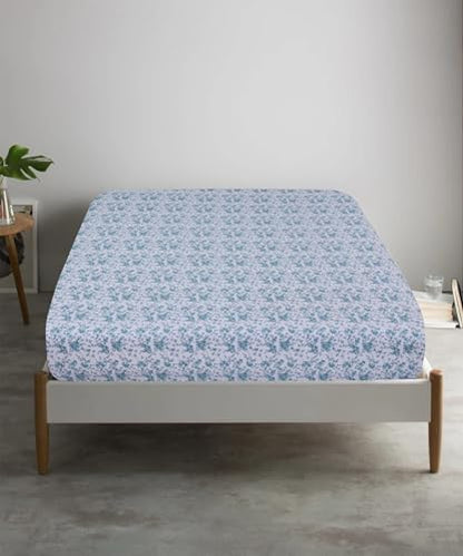 Feather & Stitch Fitted Sheet Only, 100% Cotton 300TC Lightweight Cooling & Breathable Percale Weave Fitted Sheet 16" Regular Elastic Deep Pocket Soft Bedding Mattress (Twin, Blue Floral)