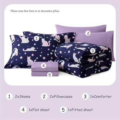 Full Size Comforter Sets for Girls - 7 Pieces Cute Cat Full Bedding Set