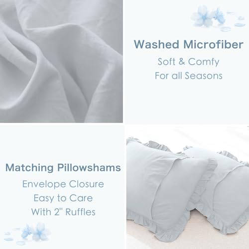 Masaca Ruffled Comforter Set for Queen Bed,3 Pieces Vintage Farmhouse Shabby Bedding Set Lightweight Ultra Soft French Country Bedding (1 Cornflower Blue Comforter +2 Pillowcases)