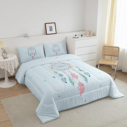 Homewish Teens Dreamcatcher Comforter Set Queen Size,Blue Pink Feather Bedding Set for Kids Boys Girls Bedroom Decoration,Bohemian Style Bed Duvet Insert,Tribe Exotic Comforter with 2 Pillowcases