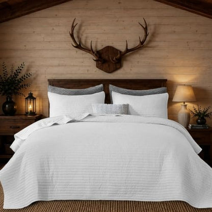 DOWN HOME Twin Quilt Bedding Set with Sham, Vintage Washed Soft Quilted Blanket Thin Comforter Lightweight Bedspread Coverlet Bed Cover, Brushed Microfiber Stripe Stitching, Snow White, 66"x92"