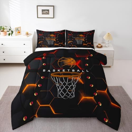 Teens Basketball Comforter Set Full Size,Geometric Honeycomb Bedding Set for Kids Boys Adult Bedroom Decoration,Red Yellow Neon Bed Duvet Insert,Basketball Games Comforter with 2 Pillowcase