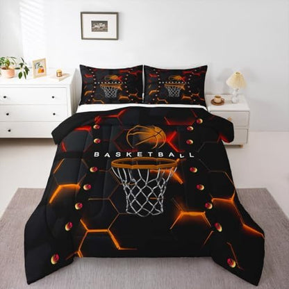 Basketball Geometric Comforter for Boys Kids,Red Yellow Hexagon Comforter Set Queen Size Home Decor,Soft Hippie Ball Sports Bedding Set,Basketball Bedroom Down Duvet,1 Comforter with 2 Pillowcases