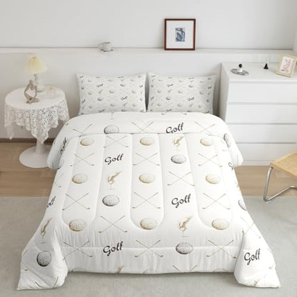 Golf Comforter Set Queen Size for Kids Teens Adults Men Home Room Decor,Ball Sports Game Lovers Bedding Set 3pcs,Gray Brown Sketch Golf Quilt Set Seasons Soft Duvet Insert with 2 Pillowcases