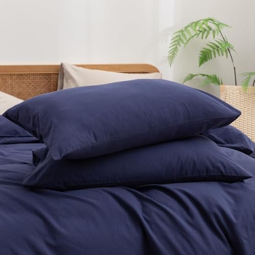 BESTOUCH Cotton Solid Duvet Cover Set Linen Feel Navy Blue Super King Plus