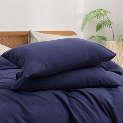 BESTOUCH Cotton Solid Duvet Cover Set Linen Feel Navy Blue Super King Plus