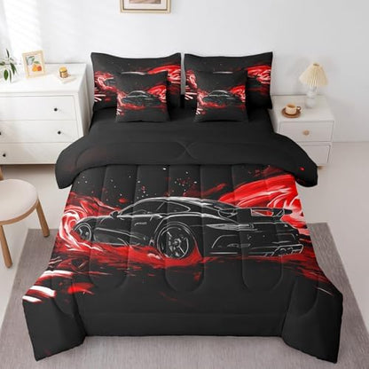 Feelyou Race Car Comforter Set with Sheets Full Size Kids Speed Sports Car 7 Pieces Bedding Set for Boys Girls Teens Racing Car Bed in a Bag Breathable Extreme Sports Bed Set Red Automobile