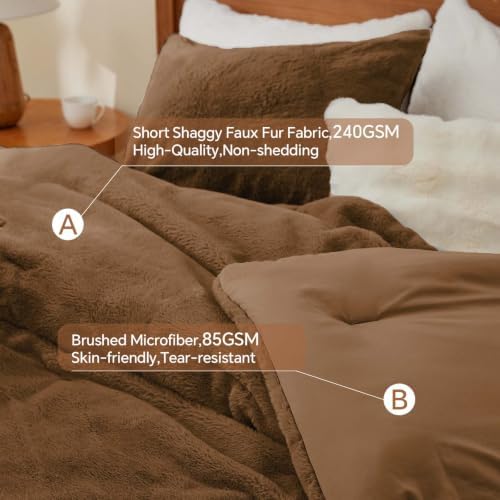 BEDELITE Faux Fur King Comforter Set Brown,Warm Bedding with 2 Pilowcases
