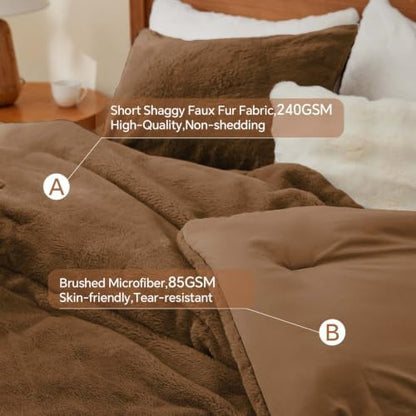 BEDELITE Faux Fur King Comforter Set Brown,Warm Bedding with 2 Pilowcases