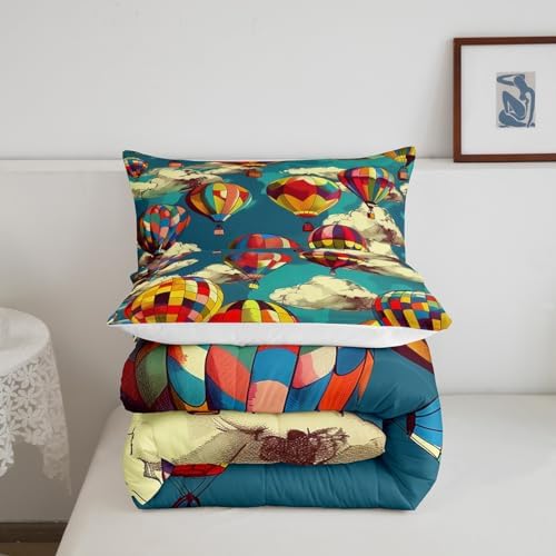 Erosebridal Hot Air Balloon King Comforter Set for Boys Girls Kids,Cute Rainbow Bedding Set Boho Room Decor,Blue Sky Cloud Comforter Set Breathable Cartoon Colorful Balloons Quilt Bed Set 3Pcs