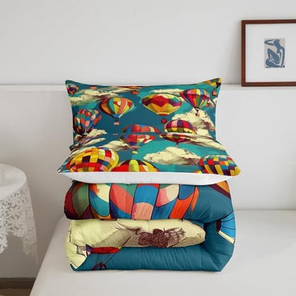 Erosebridal Hot Air Balloon King Comforter Set for Boys Girls Kids,Cute Rainbow Bedding Set Boho Room Decor,Blue Sky Cloud Comforter Set Breathable Cartoon Colorful Balloons Quilt Bed Set 3Pcs