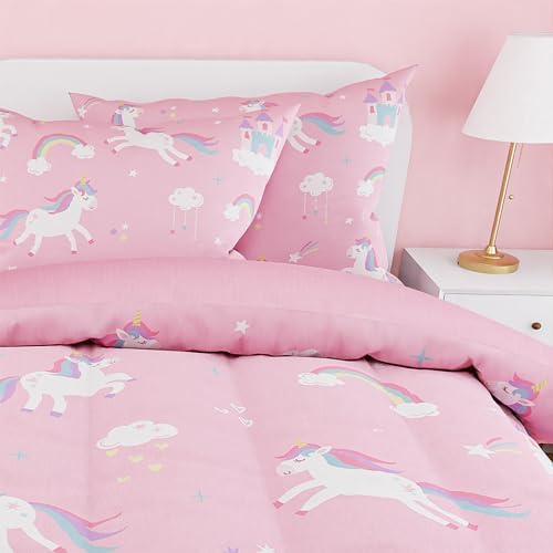 SANDJEST Unicorn Comforter Set Twin Size 68x86in for Kids Girls, Microfiber 3 Pcs Bedding Set Includes 1 Comforter, 1 Pillowcase, 1 Fitted Sheet, Nursery Room Decor