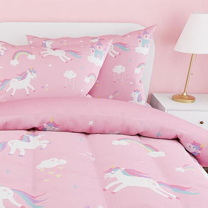 SANDJEST Unicorn Comforter Set Twin Size 68x86in for Kids Girls, Microfiber 3 Pcs Bedding Set Includes 1 Comforter, 1 Pillowcase, 1 Fitted Sheet, Nursery Room Decor