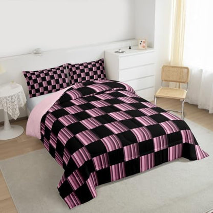 Feelyou Checkered Kids Comforter Set King Size Abstract Ombre Bedding Set Modern Geometric Pink Black Duvet Quilt for Kids Boys Girls Bedroom Cute Neutral Aesthetic Plaid Decor