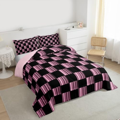 Feelyou Checkered Kids Comforter Set Queen Size Abstract Ombre Bedding Set Modern Geometric Pink Black Duvet Quilt for Kids Boys Girls Bedroom Cute Neutral Aesthetic Plaid Decor